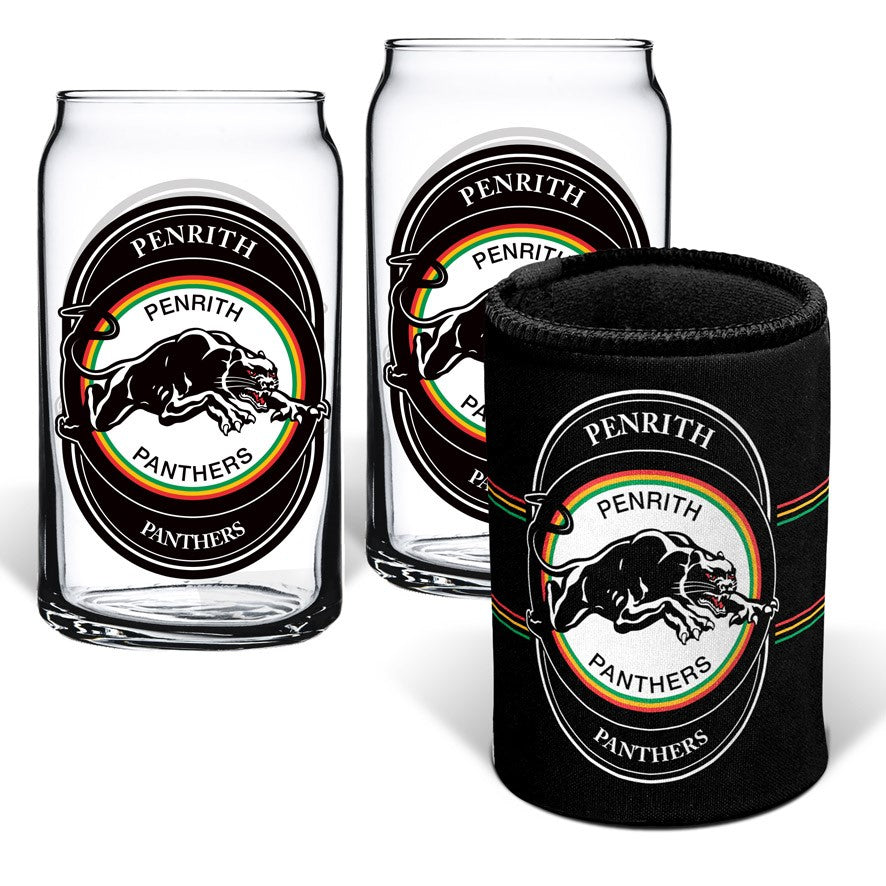 PANTHERS HERITAGE SET OF 2 GLASSES AND CAN COOLER NRL
