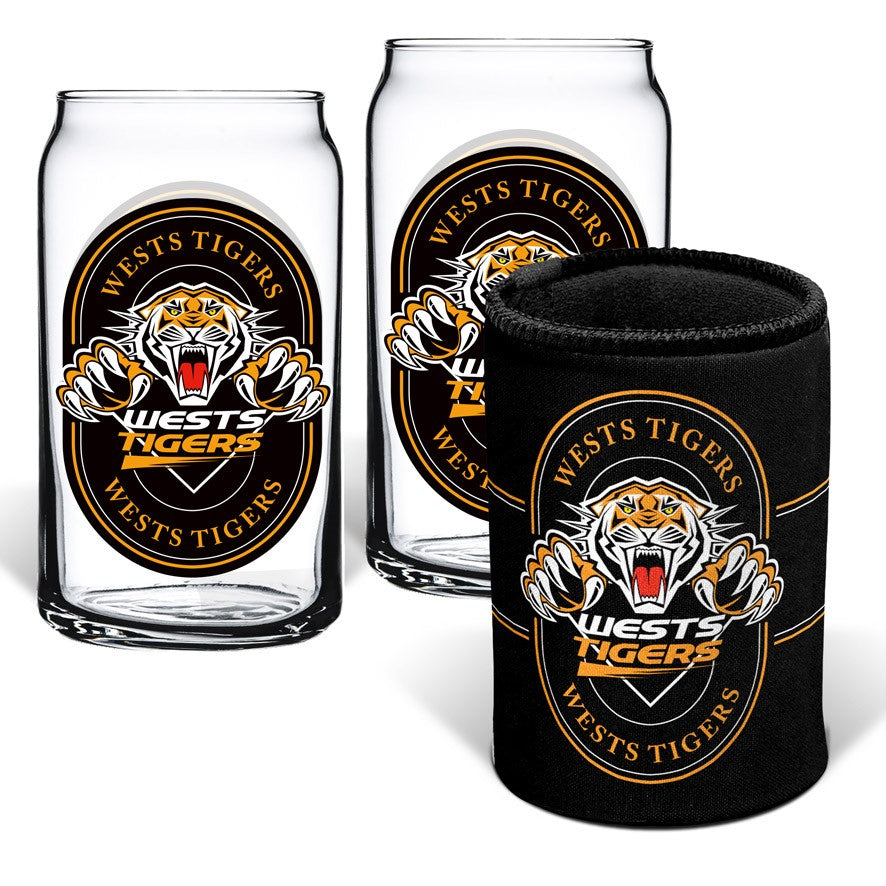WESTS TIGERS HERITAGE SET OF 2 GLASSES AND CAN COOLER NRL