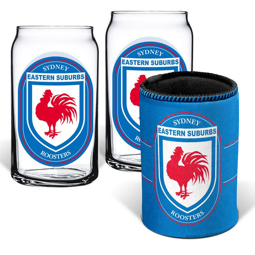 ROOSTERS SET OF 2 GLASSES AND CAN COOLER NRL
