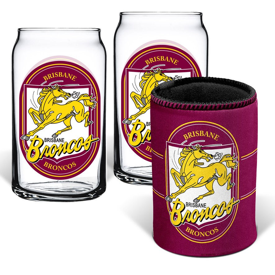 BRONCOS GLASSES AND CAN COOLER NRL