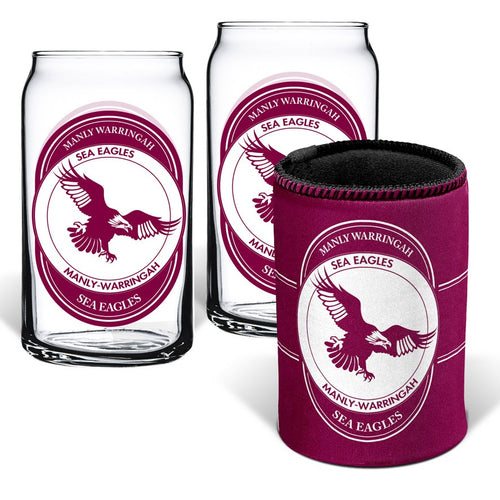 MANLY SEA EAGLES HERITAGE SET OF 2 GLASSES AND CAN COOLER NRL