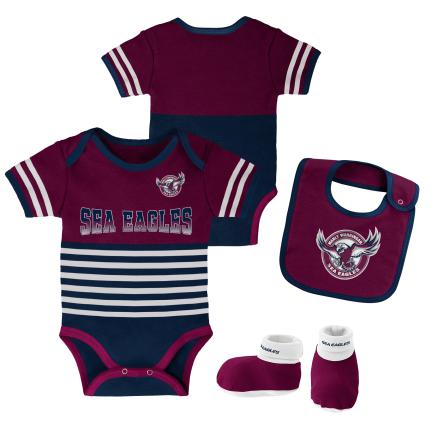 MANLY SEA EAGLES 3 PIECE CREEPER,BIB AND BOOTIE SET NRL