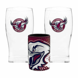 MANLY SEA EAGLES 2 PINT GLASSES AND STUBBY HOLDER NRL